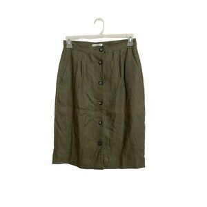 Liz Claiborne 100% Linen Flax Skirt Button Front Size 12 Olive Green Vintage